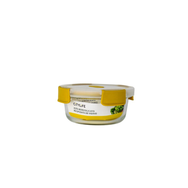 RECIPIENTE DE VIDRIO REDONDO TAPA PLASTICA AMARILLO 14 ONZAS
