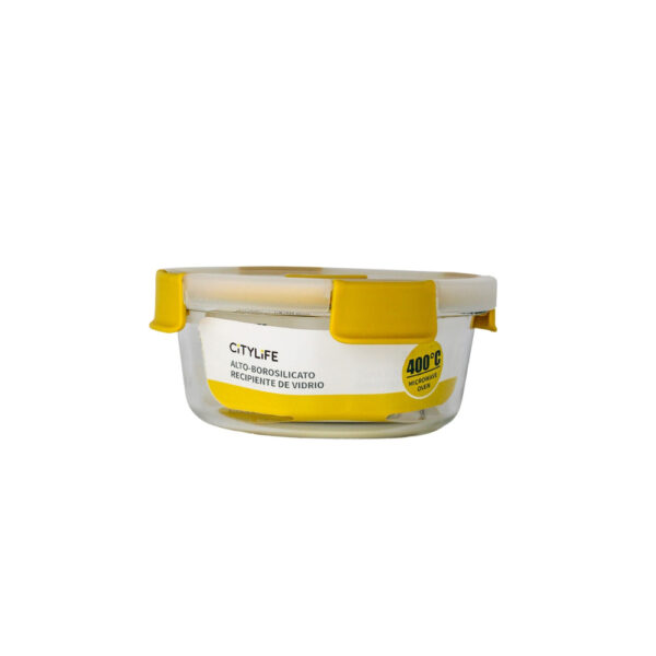 RECIPIENTE DE VIDRIO REDONDO TAPA PLASTICA AMARILLO 21 ONZAS