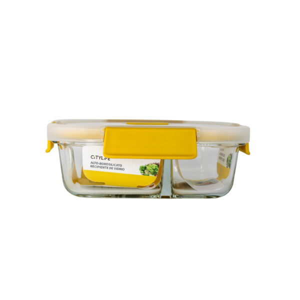 RECIPIENTE DE VIDRIO 2 DIVISIONES TAPA PLASTICA AMARILLO 35 ONZAS