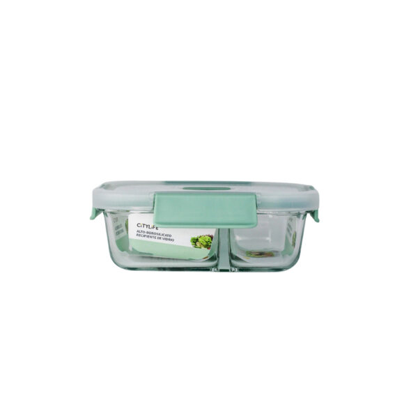 RECIPIENTE DE VIDRIO 2 DIVISIONES TAPA PLASTICA VERDE 35 ONZAS
